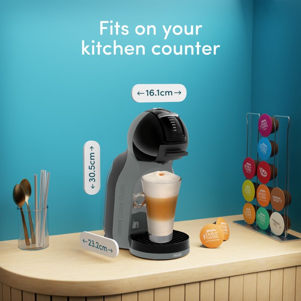 Mini Me 2 Black Anthracite capsule coffee machine in a kitchen coffee corner with its dimensions.