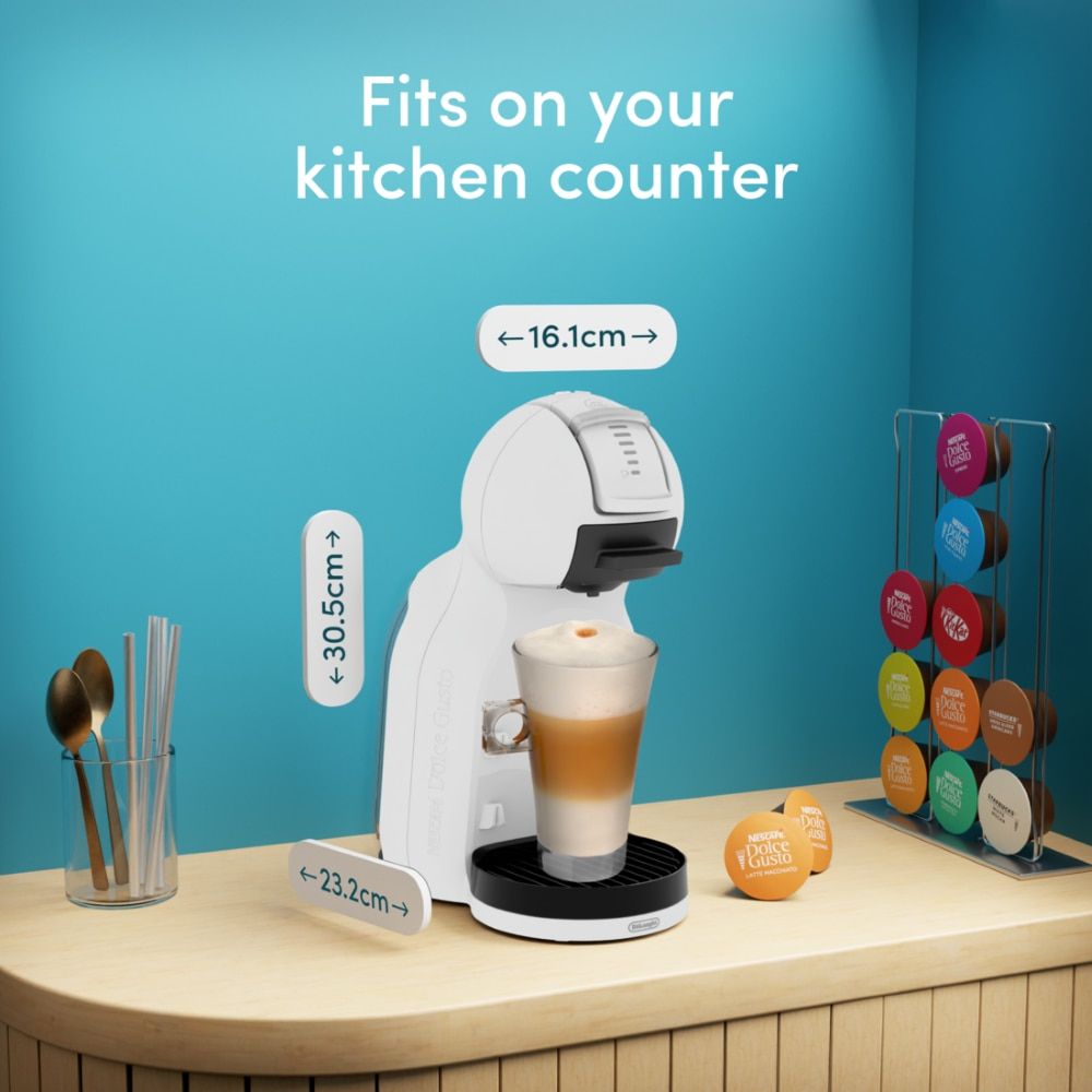 Mini Me 2 Pure White capsule coffee machine in a kitchen coffee corner with its dimensions.