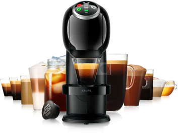 A machine next to the types of coffees it can make