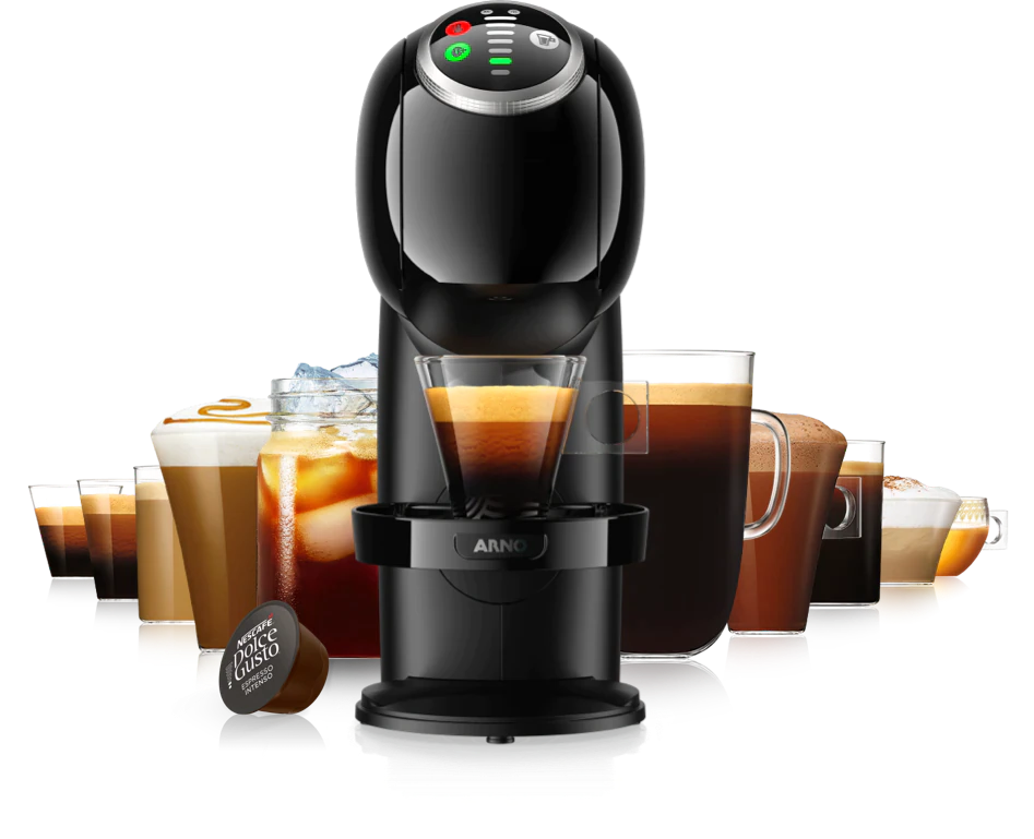 A machine next to the types of coffees it can make