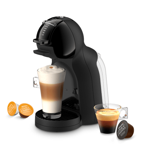 Dolce Gusto machine with coffee cup and coffee pods around